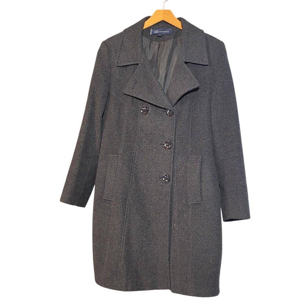 Anne Klein Women Large Pea Coat Charcoal Grey Wool Blend Double Breasted Lined